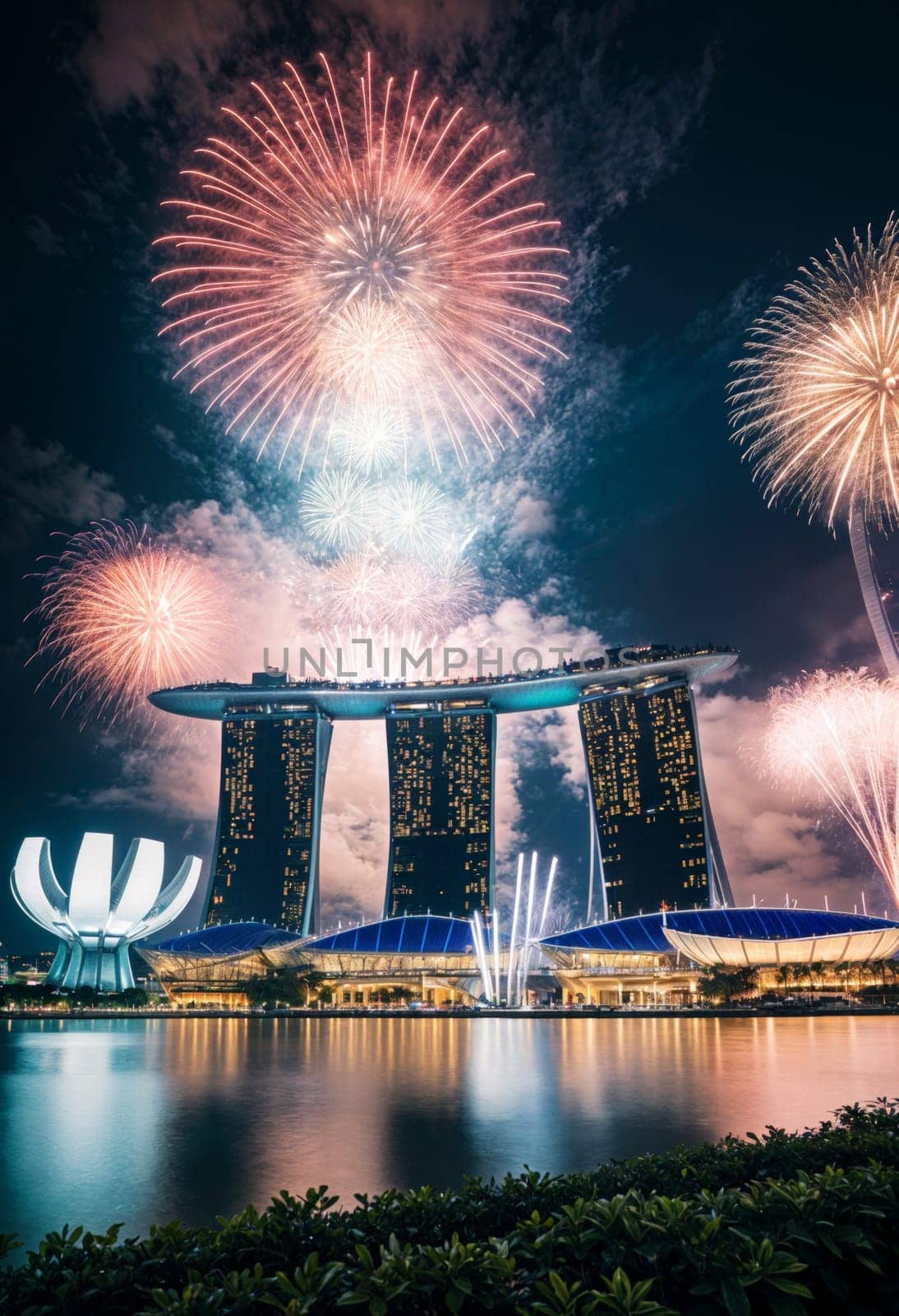 AI generated of fireworks over the marina bay sands in singapore