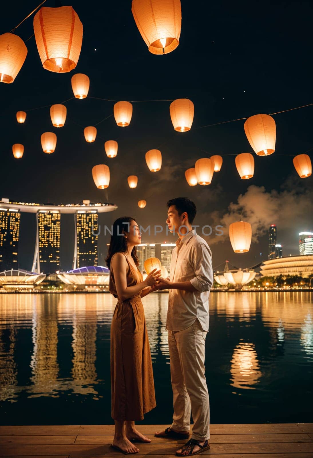 AI generated of couple in singapore with paper lanterns with marina bay in the background