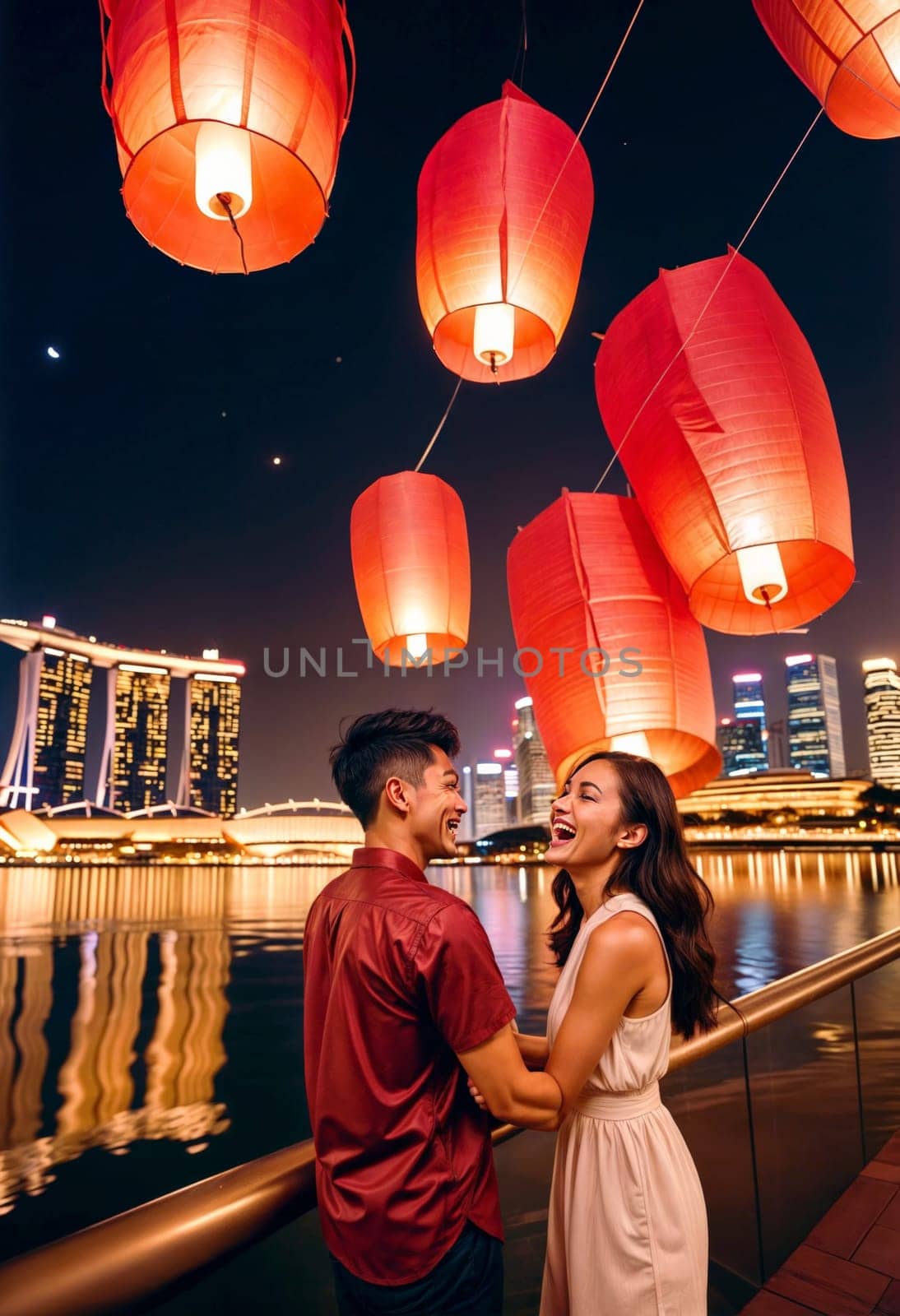 AI generated of a couple is standing on a bridge with red lanterns floating above them