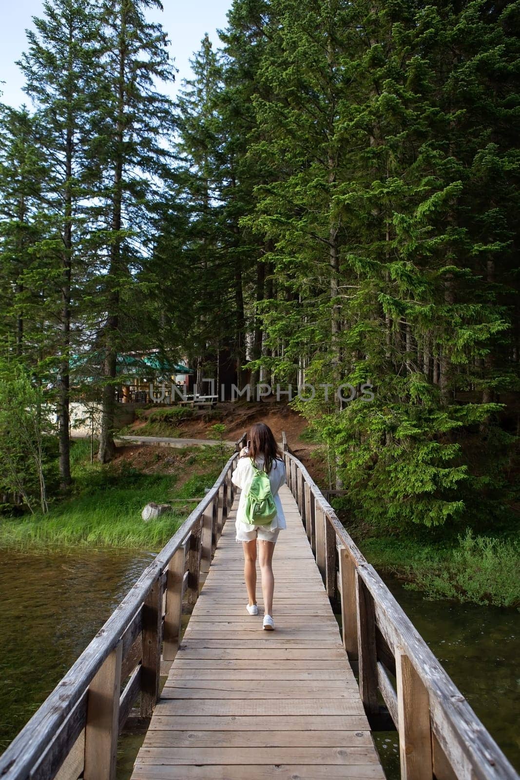 A girl with a backpack on her back walks along a wooden bridge in a quiet forest under a clear sky