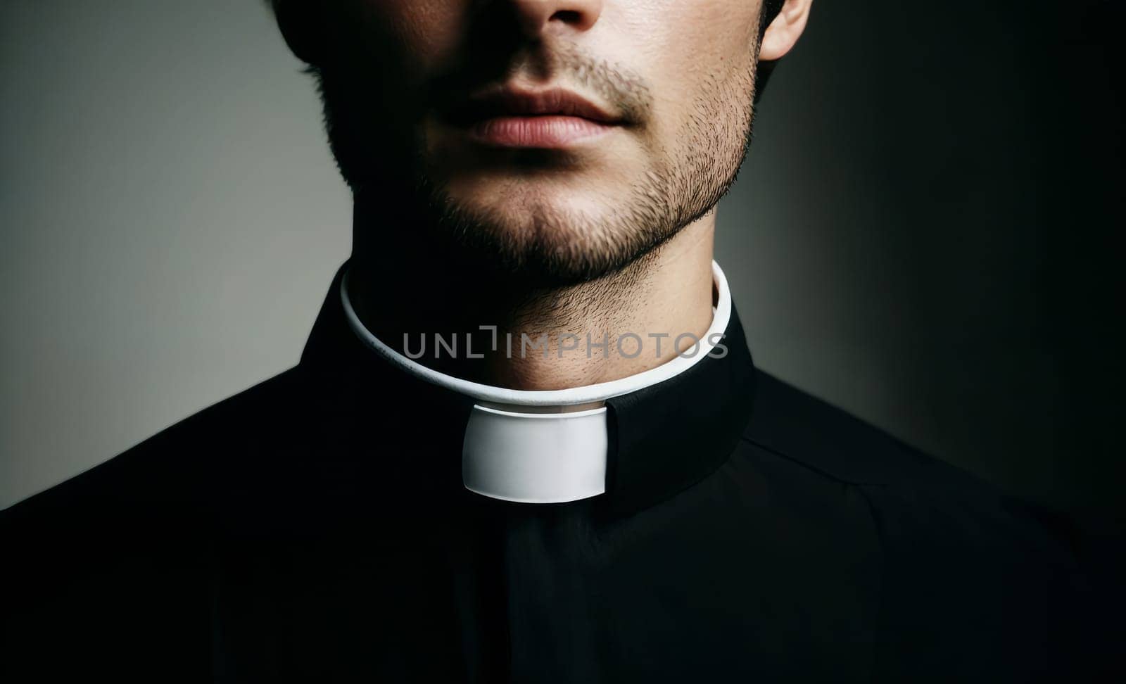 Close-up of a young male priest wearing a traditional clerical collar, emphasizing the religious attire.