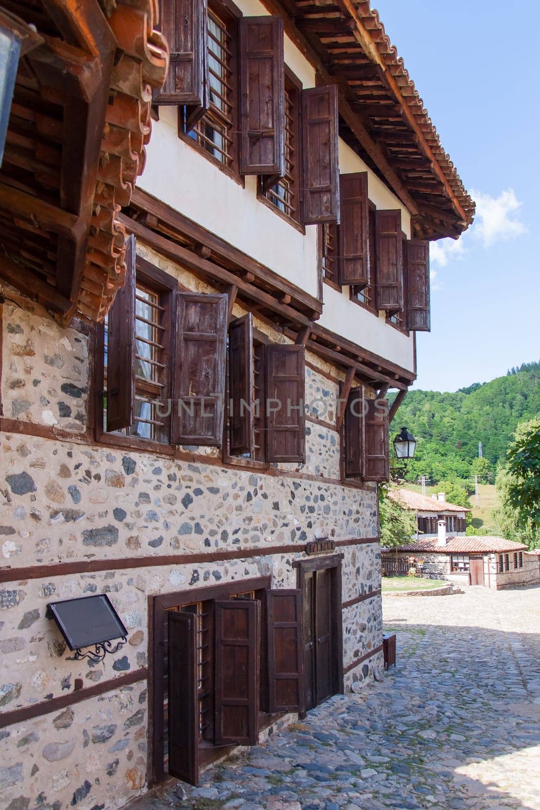 Zlatograd, Bulgaria - July 9,2021-Traditional Bulgarian house from the Revival era. Selective focus with shallow depth of field.