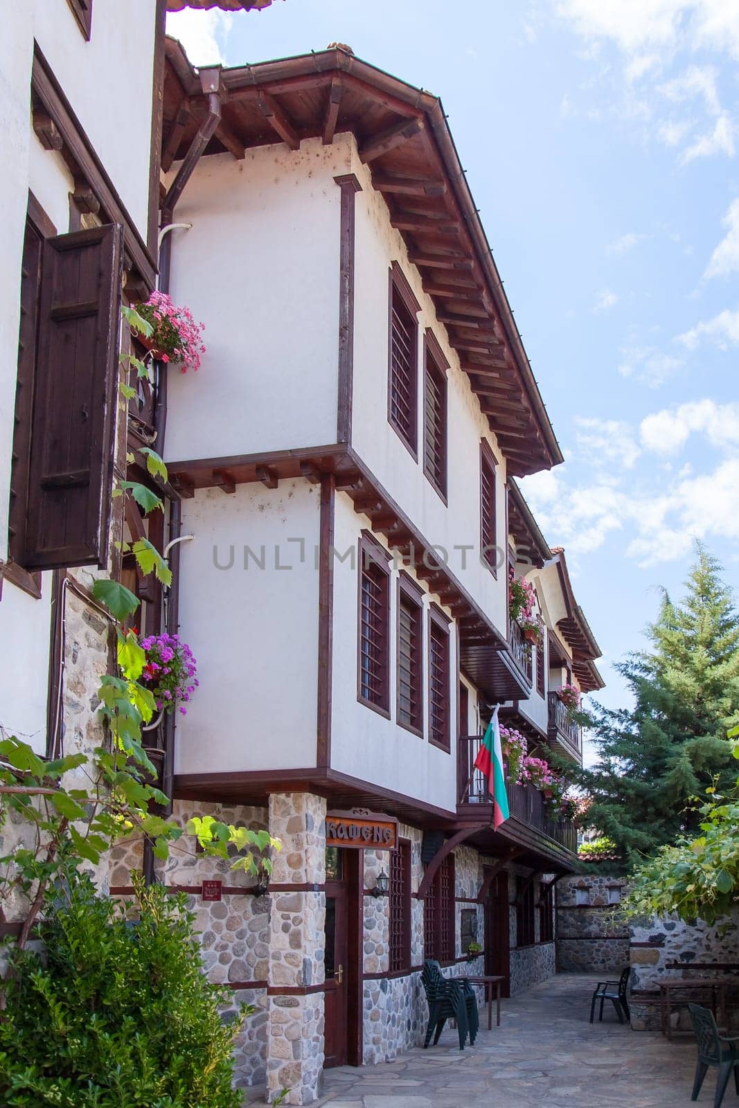 Zlatograd, Bulgaria - July 9,2021-Traditional Bulgarian house from the Revival era. Selective focus with shallow depth of field.