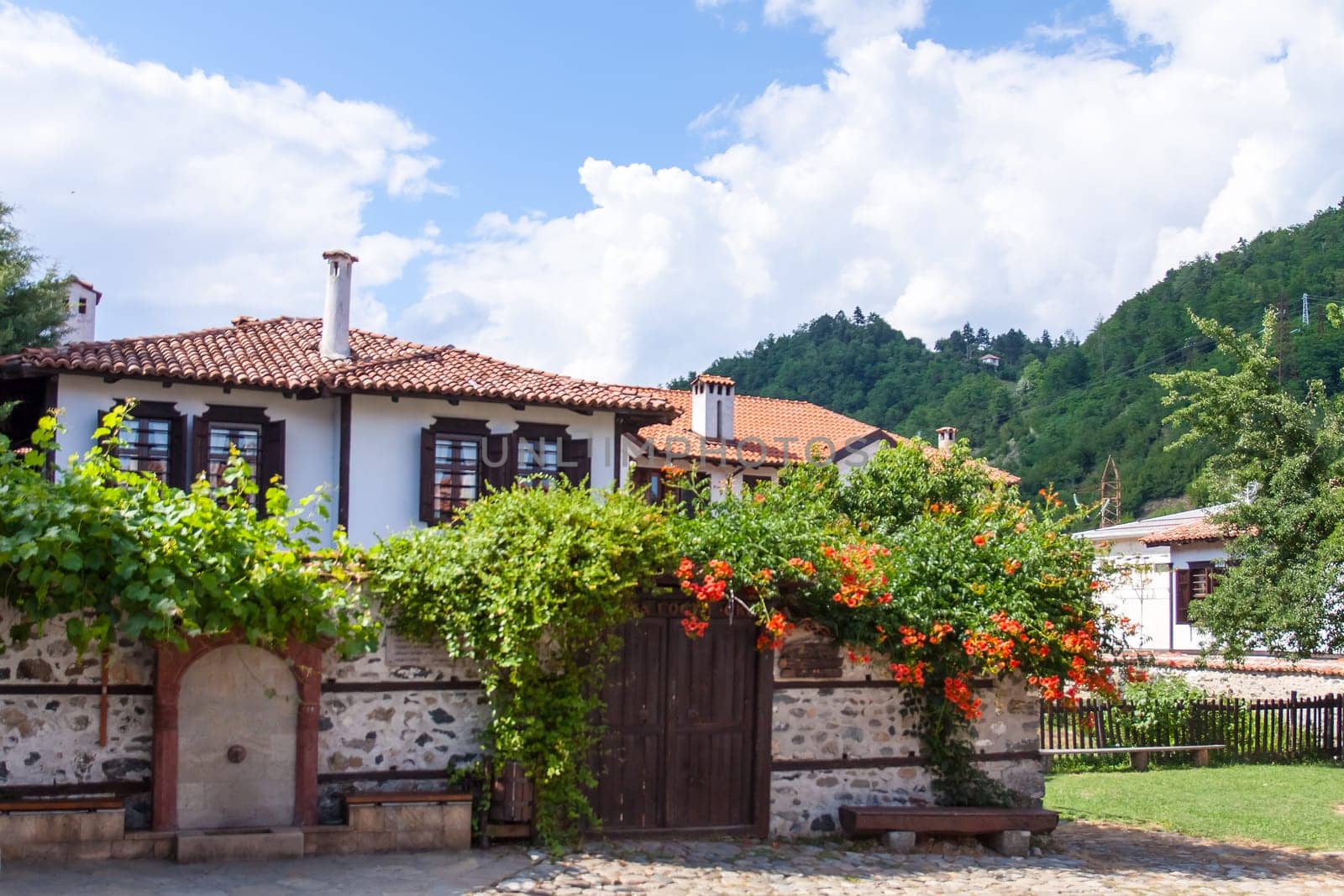 Zlatograd, Bulgaria - July 9,2021-Traditional Bulgarian house from the Revival era. Selective focus with shallow depth of field.