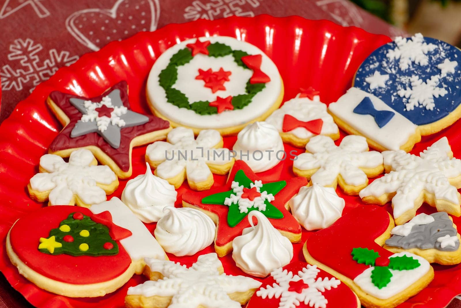 Christmas biscuits baked, decorated with traditional taste. Selective focus with shallow depth of field.