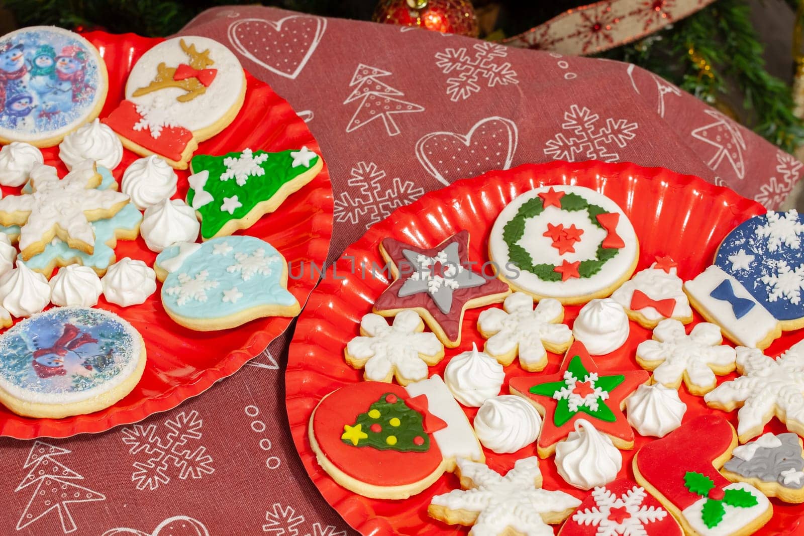 Christmas biscuits baked, decorated with traditional taste. Selective focus with shallow depth of field.