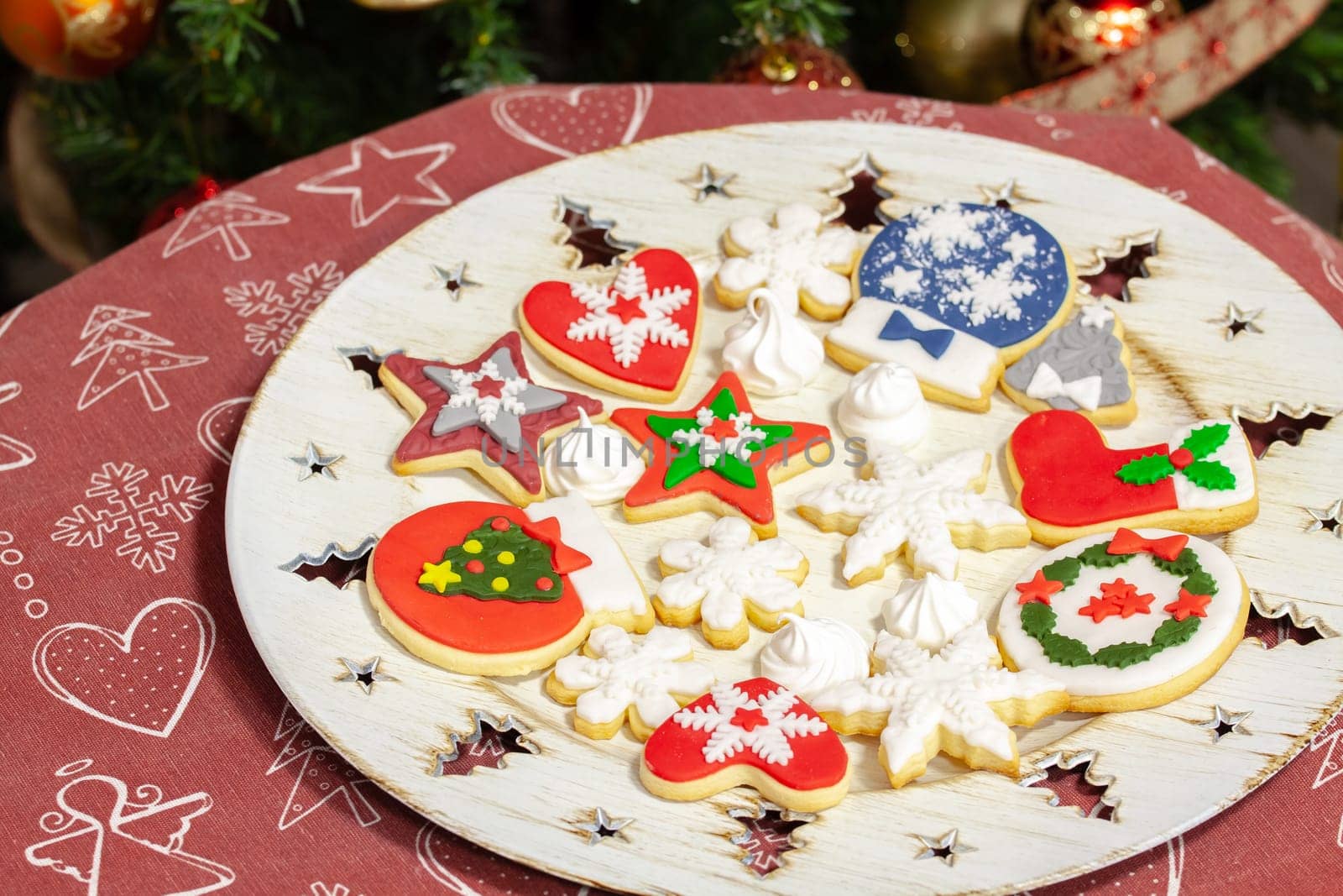 Christmas biscuits baked, decorated with traditional taste. Selective focus with shallow depth of field.