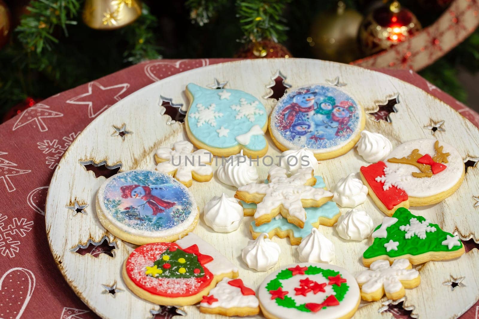 Christmas biscuits baked, decorated with traditional taste. Selective focus with shallow depth of field.