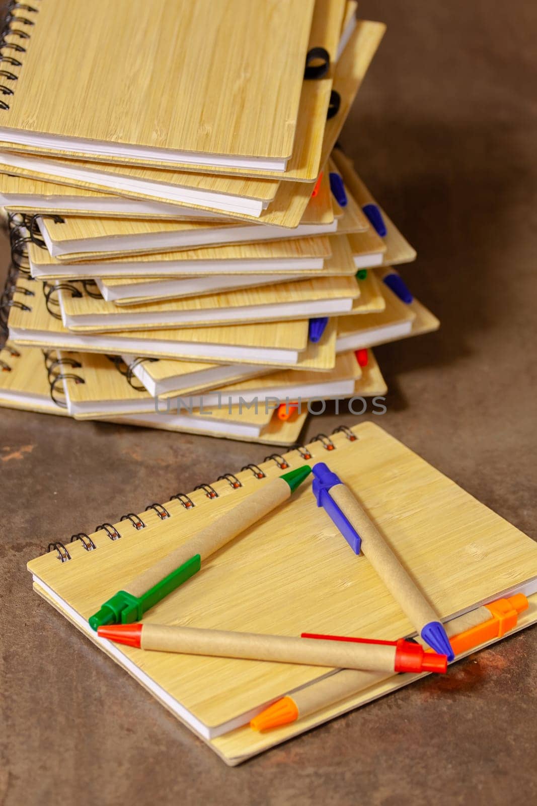 ECO notebook made of bamboo wood and recycled paper with pen. Selective focus with shallow depth of field.