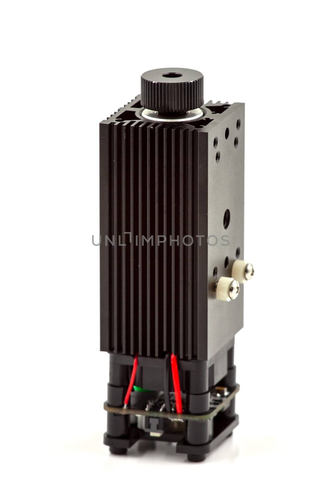 Modular head for CNC laser cutting for DIY machine on a white background. Selective focus with shallow depth of field.