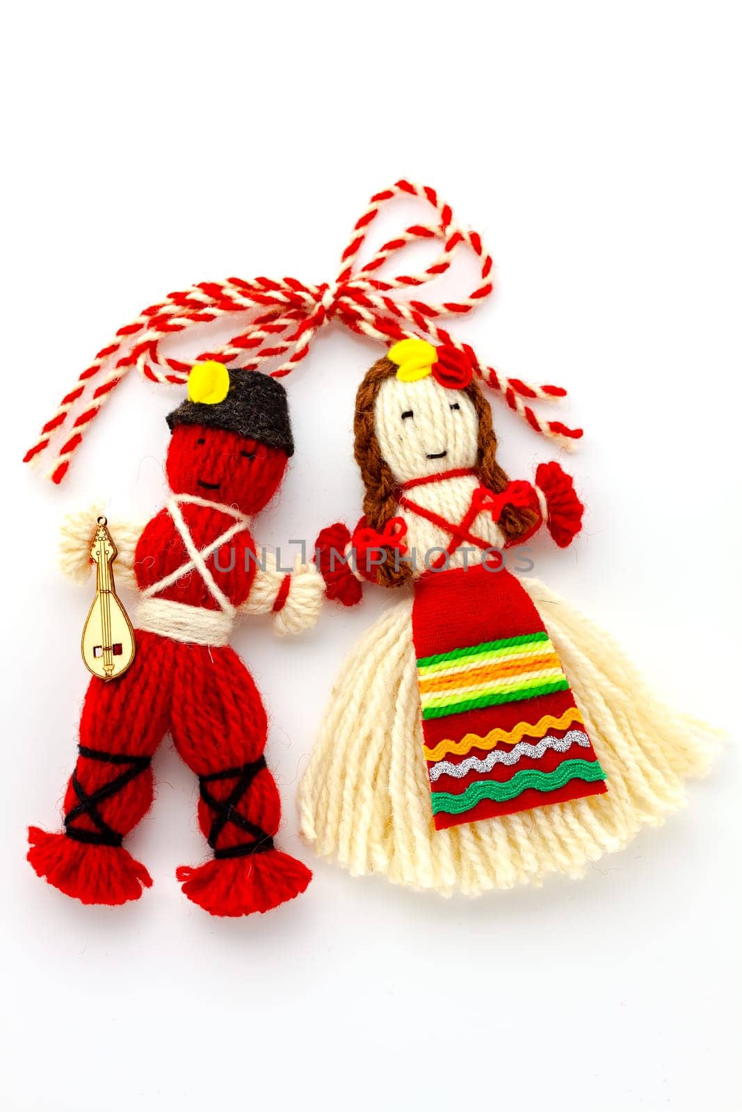 Traditional Bulgarian Martenitsa made of red and white wool, a symbol of the coming spring, which is set on the first of March and is removed when the first stork is seen.