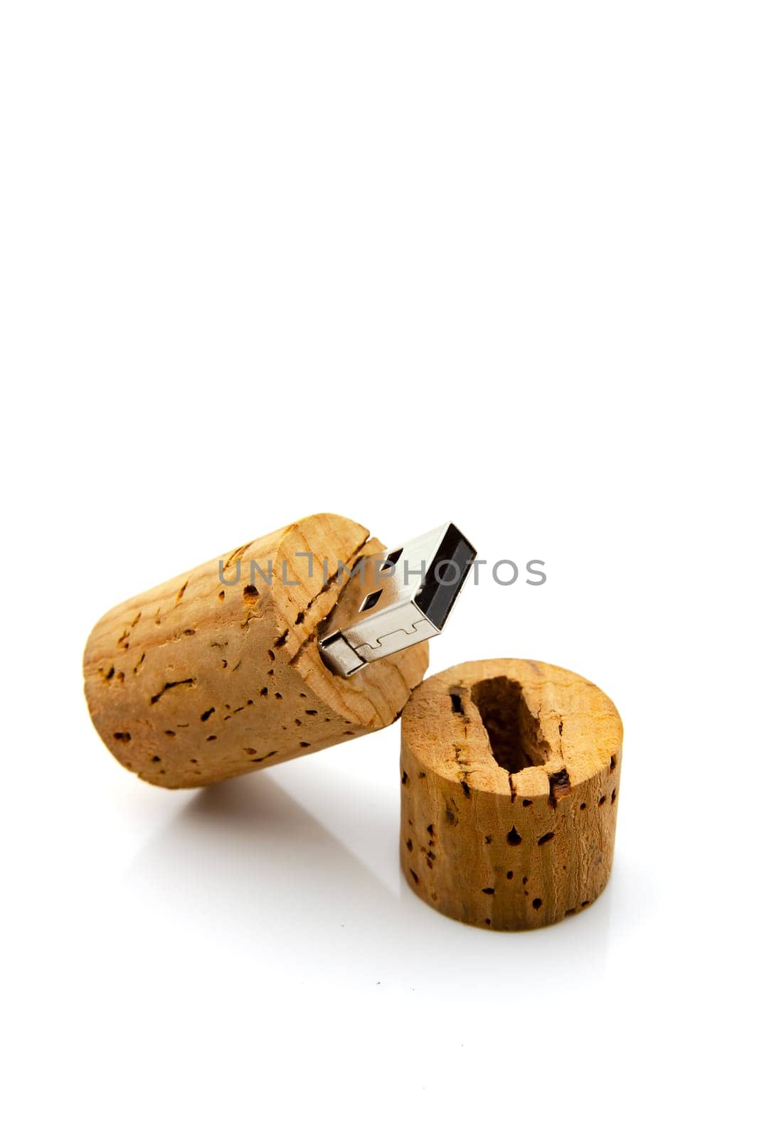 A USB stick made to look like a cork stopper to seal a wine bottle.Selective focus with shallow depth of field.