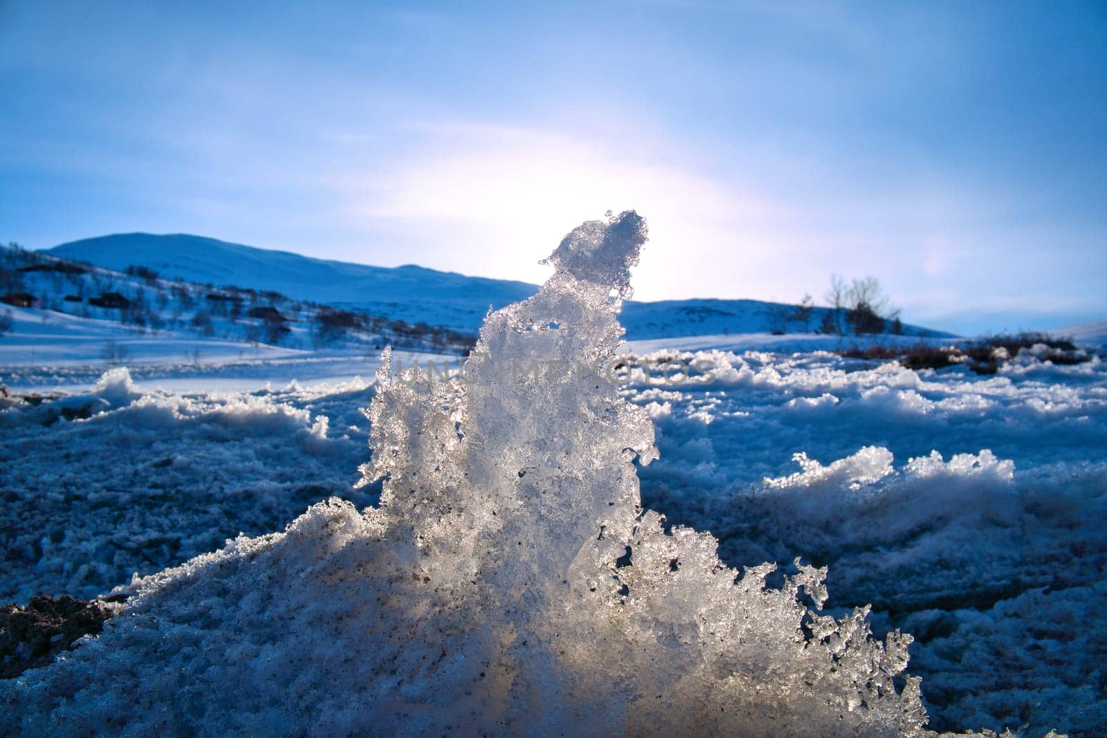 Ice crystals in a snow-covered landscape in the high mountains of Norway. Scandinavia