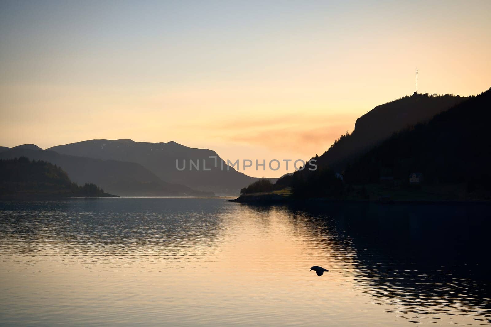 Norwegian fjord landscape with a view of the open sea at sunset. Water and mountains in the nature of Scandinavia