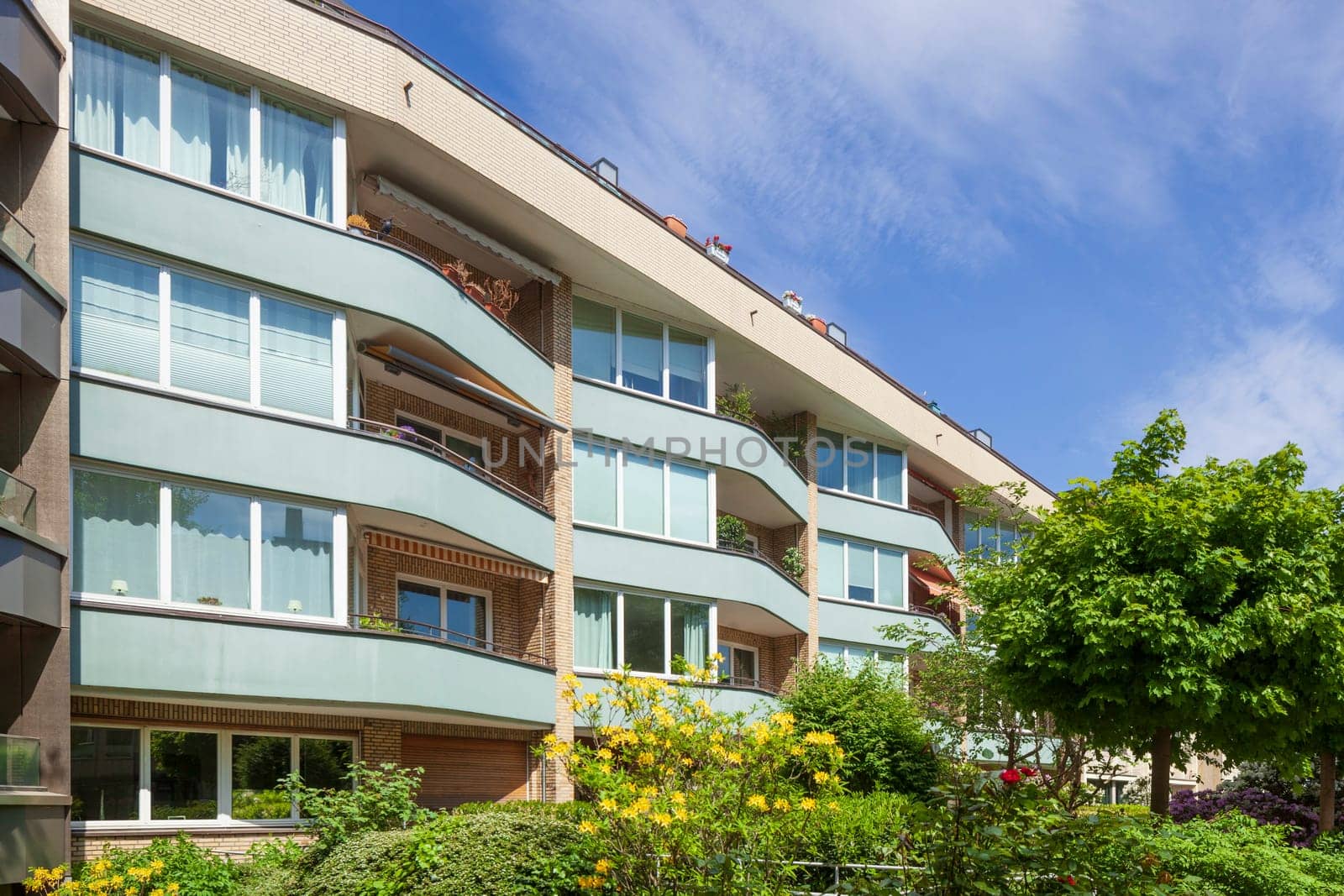 Modern residential building in spring, Harvestehude, Hamburg, Germany