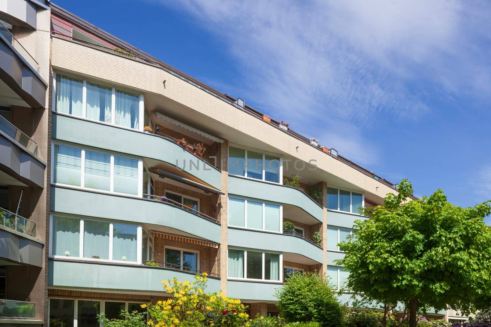 Modern residential building in spring, Harvestehude, Hamburg, Germany