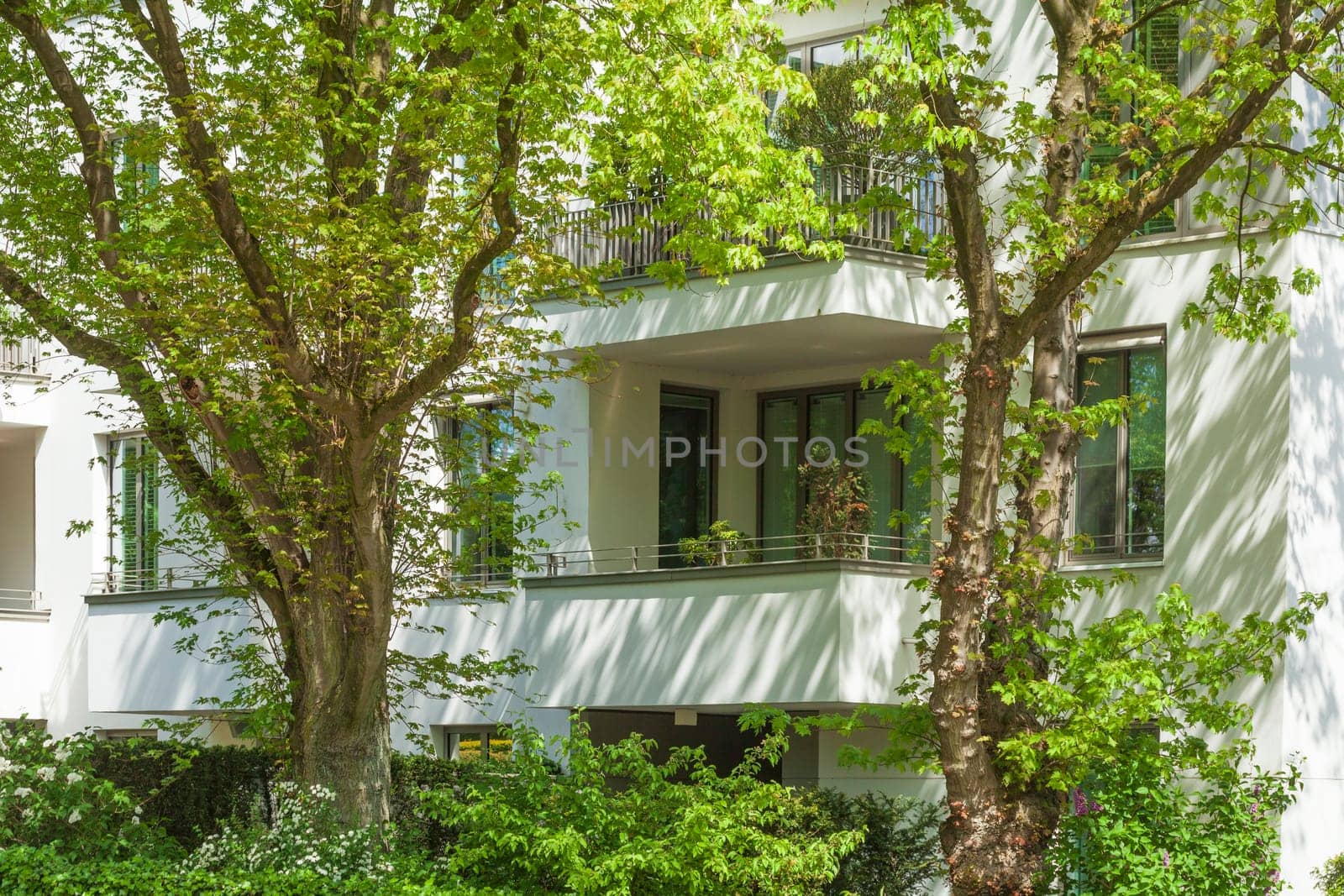 Modern, white residential building with balconies and trees in spring, Pöseldorf, Hamburg, Germany