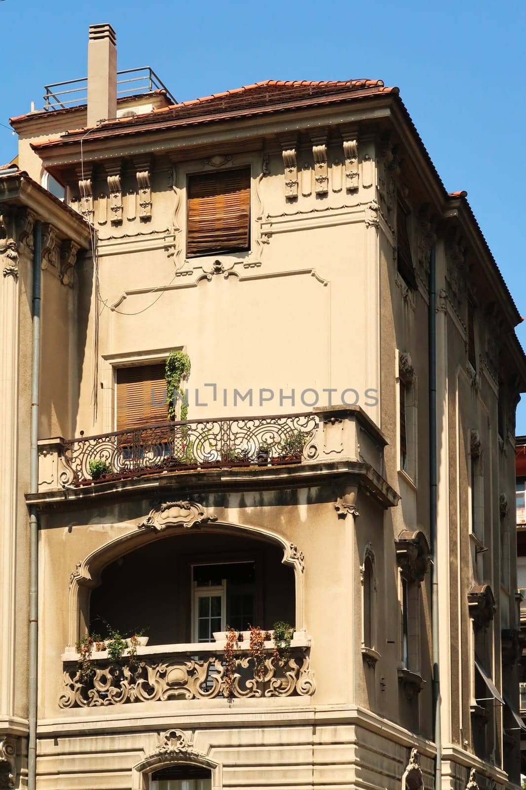 Old Art Nouveau building with two beautiful balconies in the city center of Belgrade, Serbia 2022