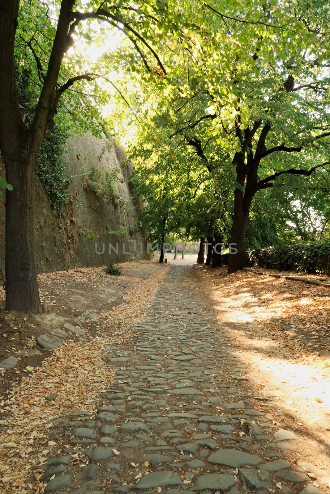 Cobble stone path leading up to the Upper Petrovaradin Fortress along one of its outer walls, Novi Sad, Serbia 2022