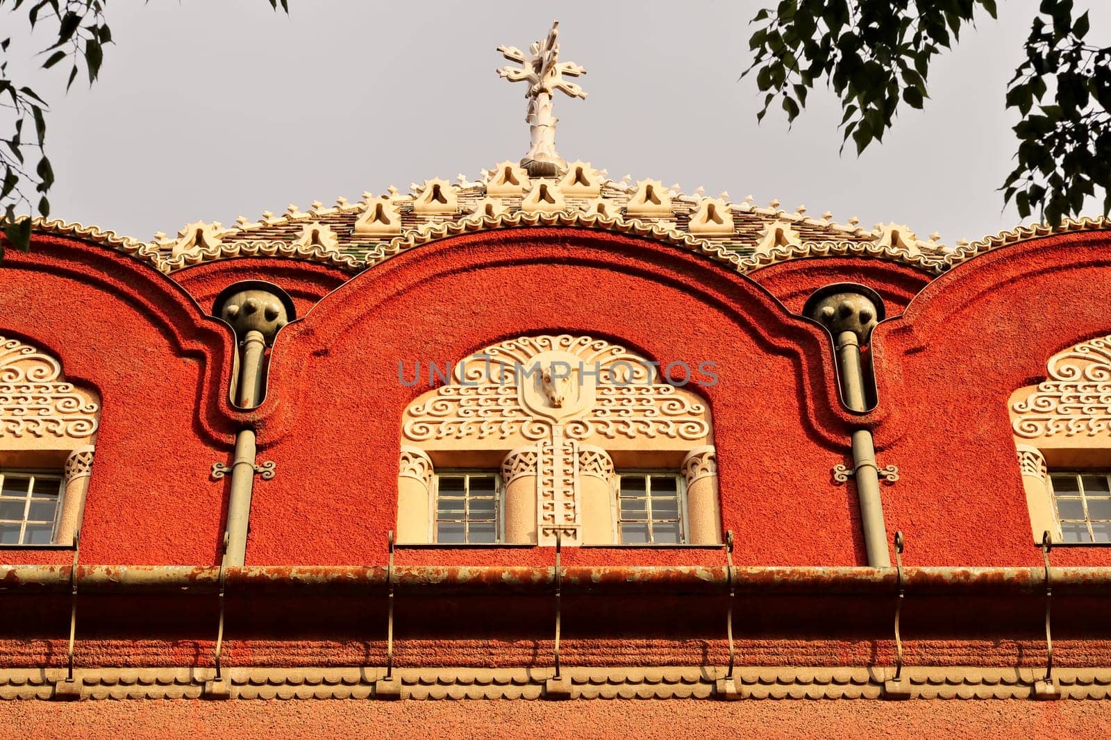 Details on the upper facade of the city hall, town hall of Subotica, an example of Art Nouveau architecture in the city center, Subotica, Serbia 2022