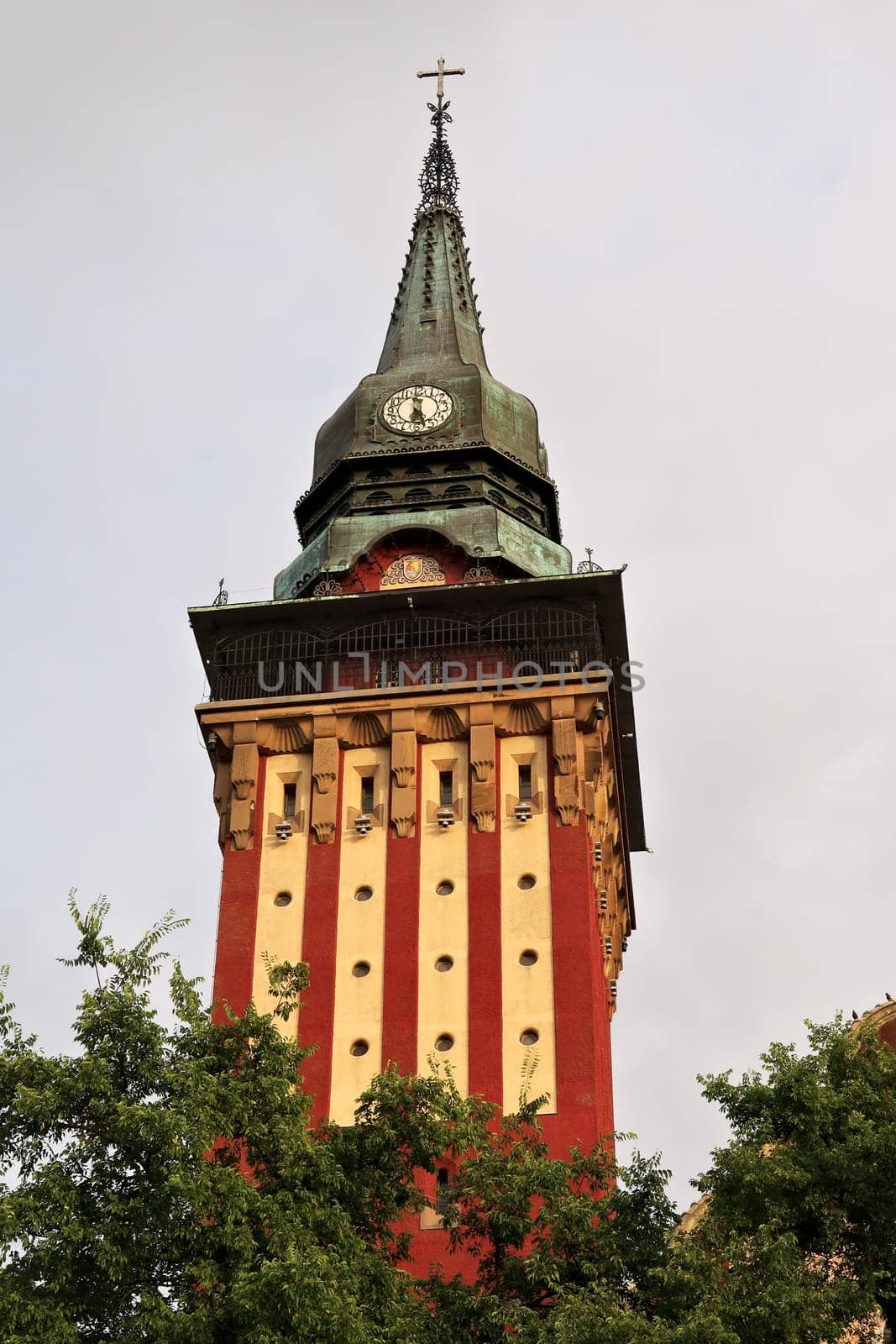 The clock tower of the city hall, town hall of Subotica, an example of Art Nouveau architecture in the city center, Subotica, Serbia 2022