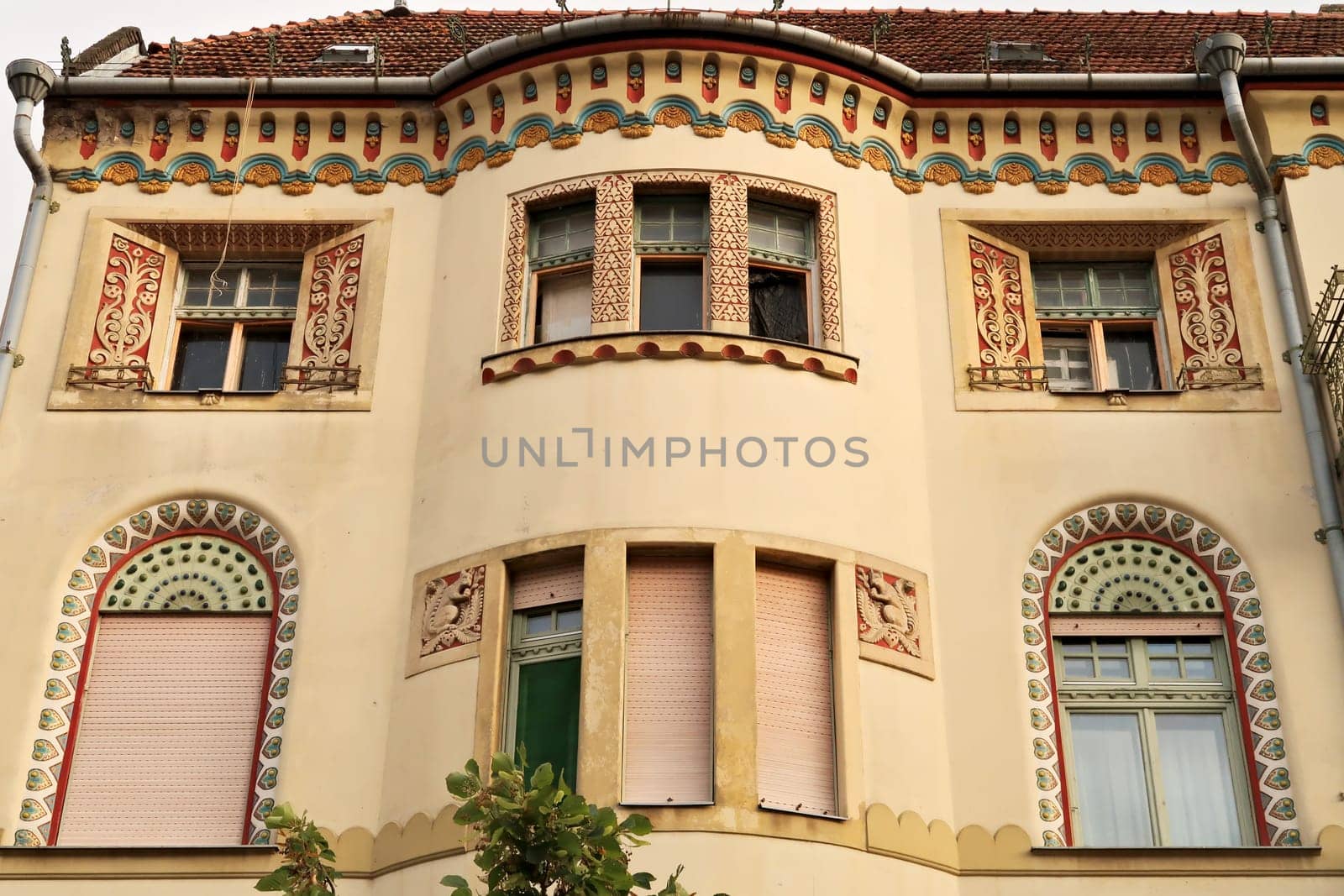 The facade of the Savings Bank Palace building, an example of Art Nouveau architecture in the city center of Subotica, Serbia 2022