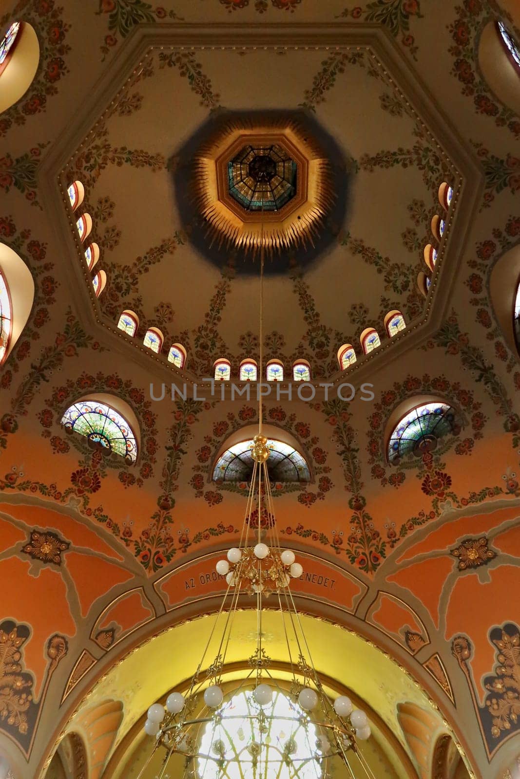 The ceiling inside the Synagogue of Subotica, the ceiling is covered in colorful ceiling paintings, frescos, Subotica, Serbia 2022