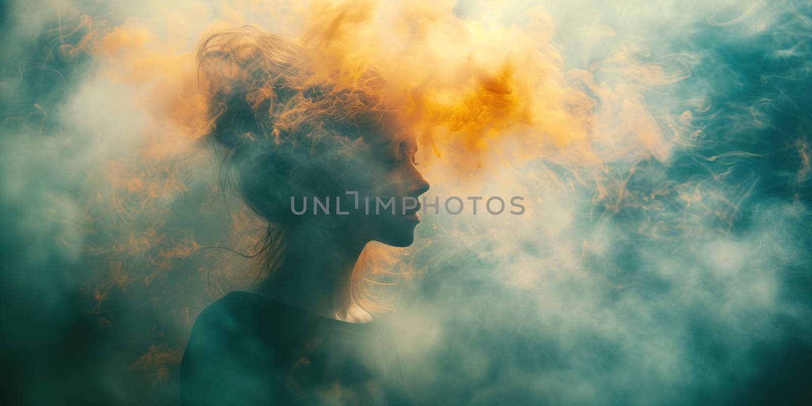 Woman, mind in dark cloud, depression, trauma, loneliness and mental health, brain fog by dementia, confusion and stress