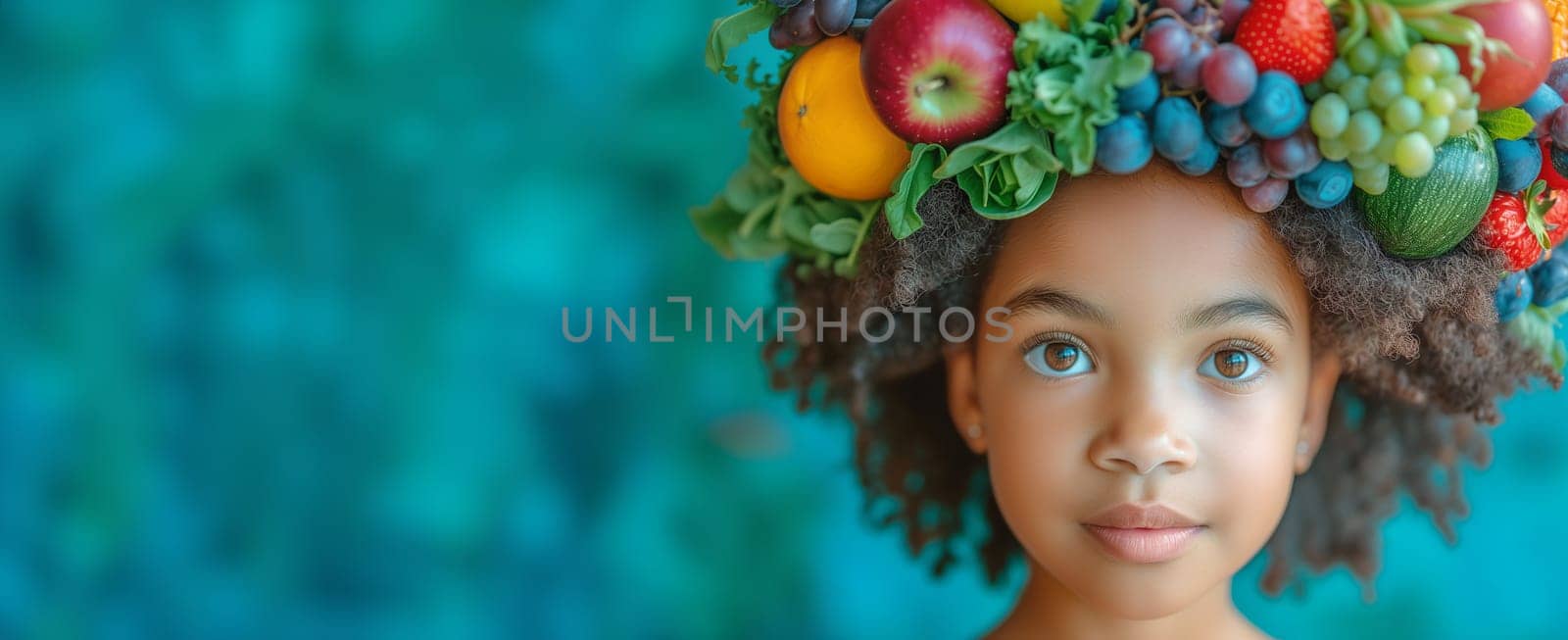 Portrait of a girl with fruits in her hair, strawberry, grapes, orange and blueberries, healthy eating, harvest in summer, child with fruit wreath