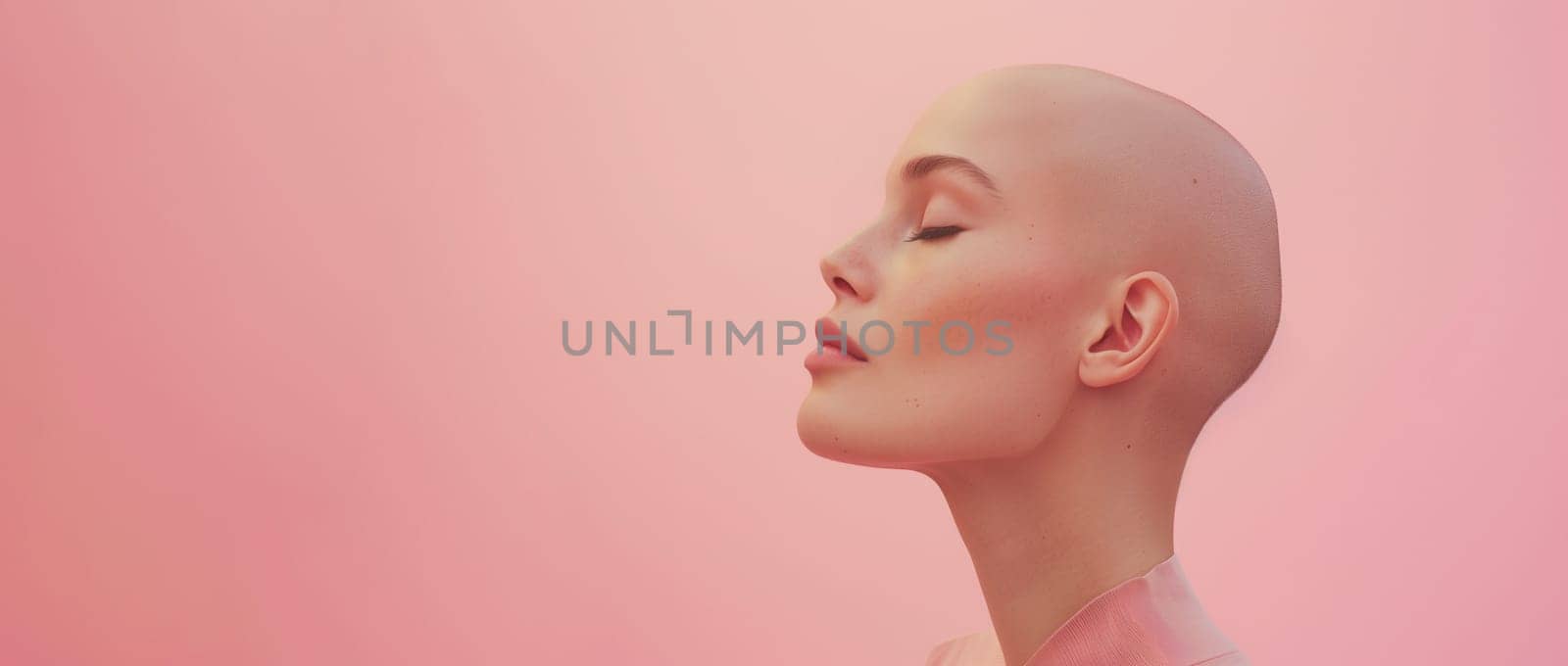 Woman suffers from cancer tumor, portrait of young bald headed patient, pink background