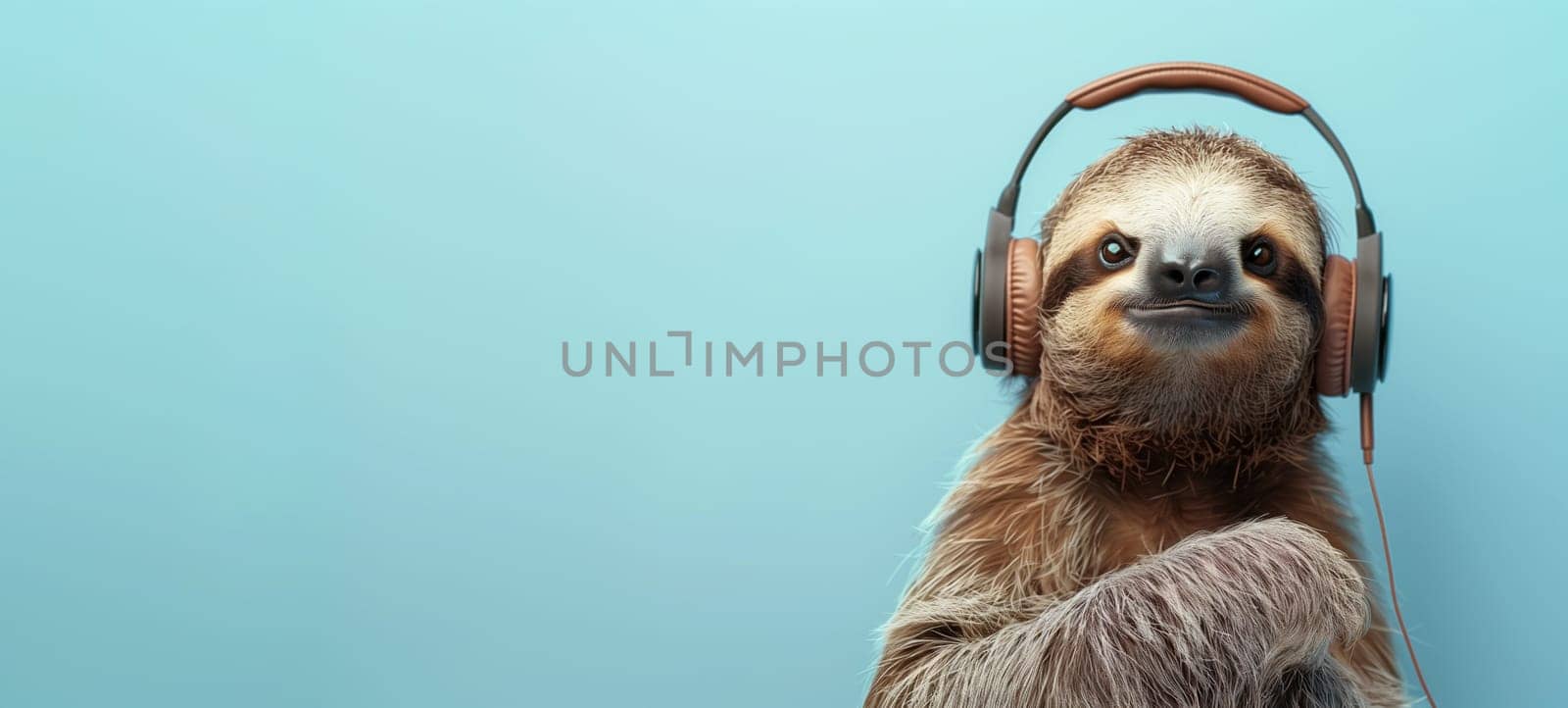 Sloth with headphone, listening to sound and acoustic wave, love and emotion, funny animal, blue background, international music day