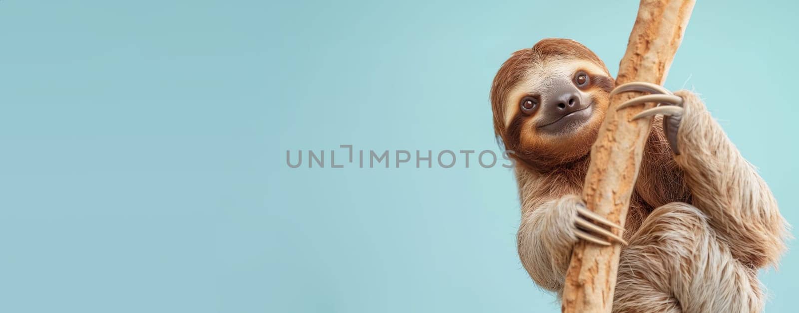 Sloth climbing a tree trunk, funny jungle animal, blue background, hanging on a branch