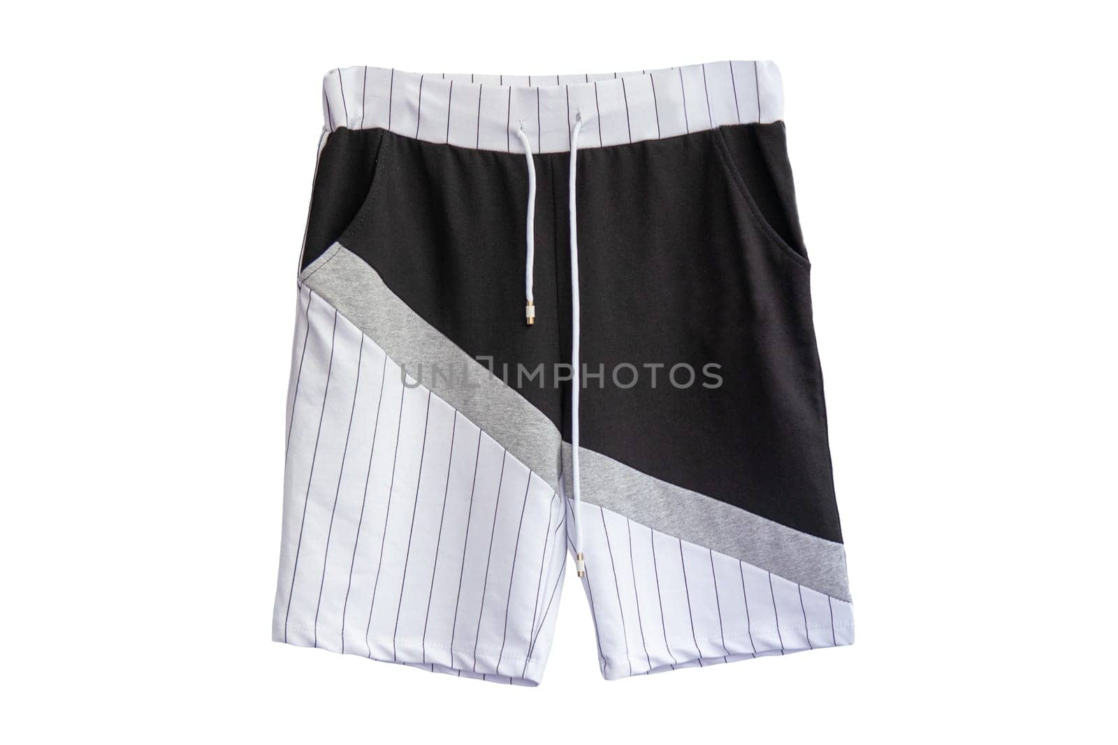 Mens shorts isolated. Trendy stylish short pants with white ribbon for swimming isolated on a white background. Fashionable black and white striped short pants. Swimwear for man.