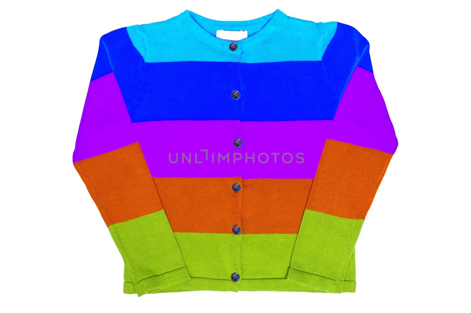 Boys clothes. A beautiful colorful striped little boy sweater or knitted cardigan isolated on a white background. Children and kids fashion. Autumn and winter fashion.