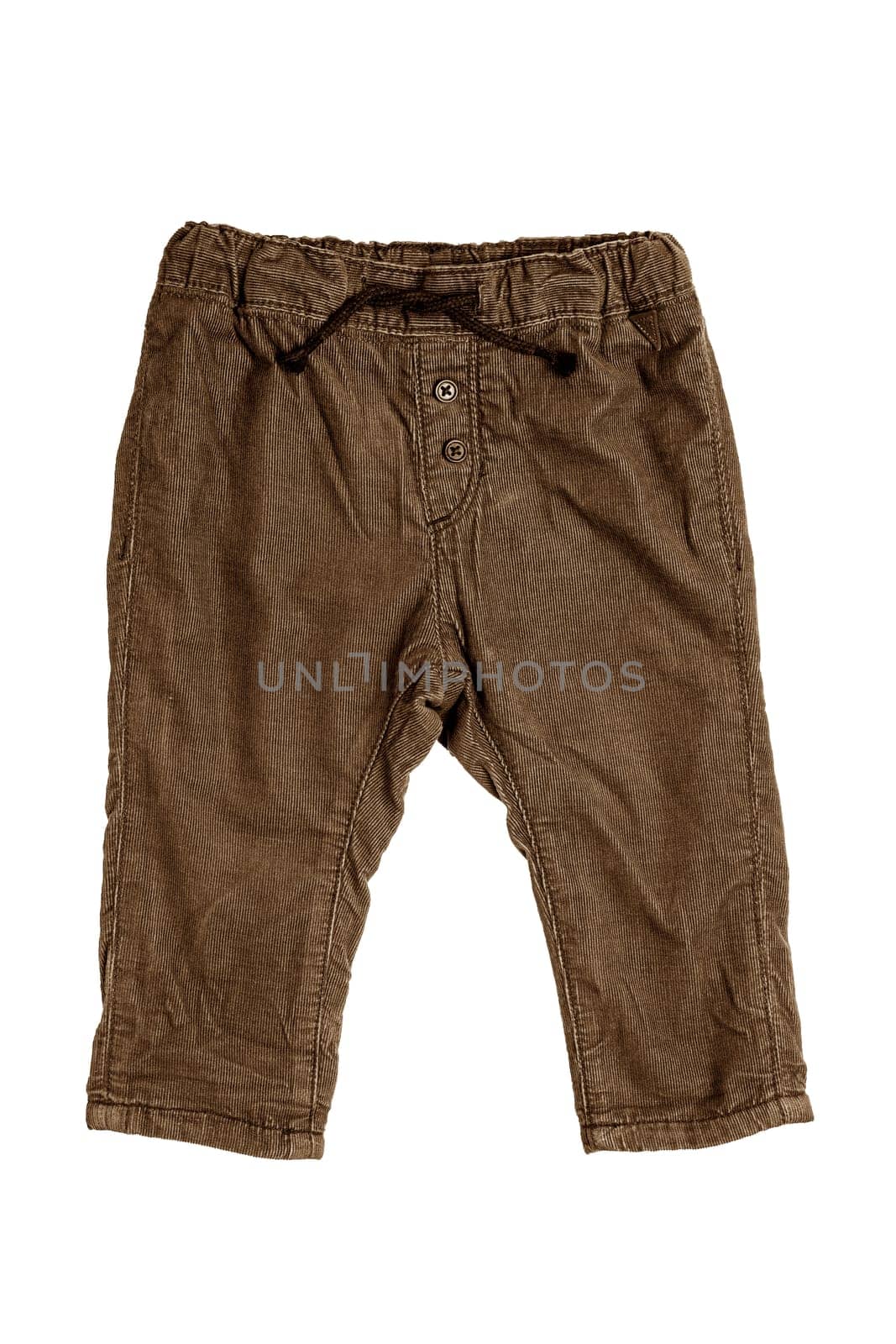 Children pants isolated. Closeup of sepia brown denim pants isolated on a white background. Sporty fashion for kids. Front and back view.