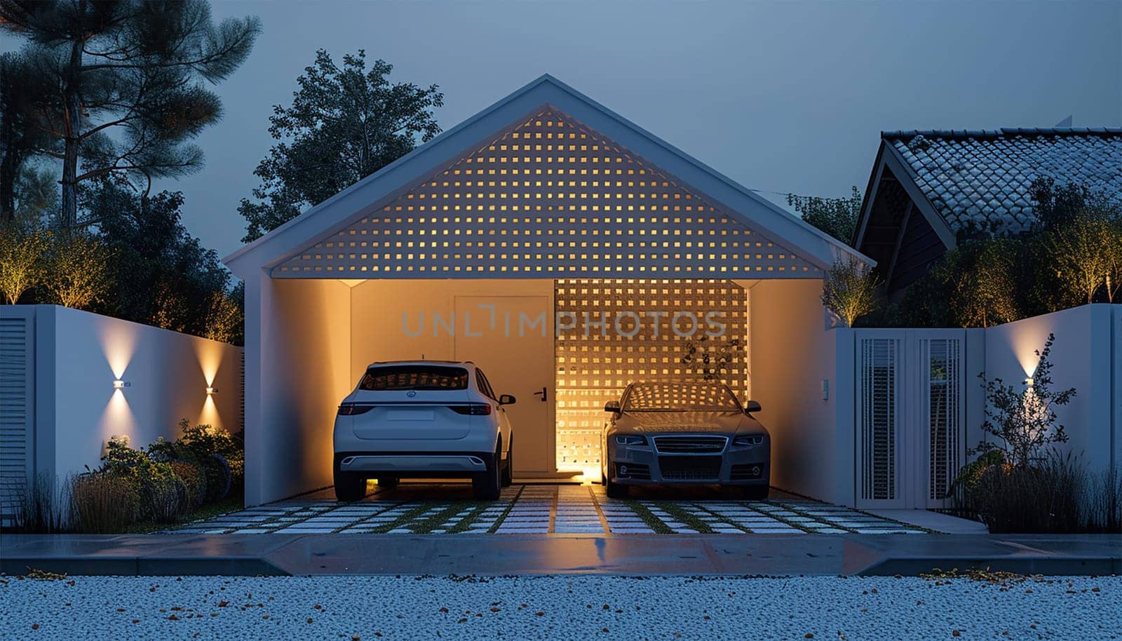 Luxury home architecture front of house. Contemporary Home Exterior with Colorful Sunset. Green Grass, Brick and Stacked Stone, Meticulous Landscaping, Warm and Inviting House. modern design