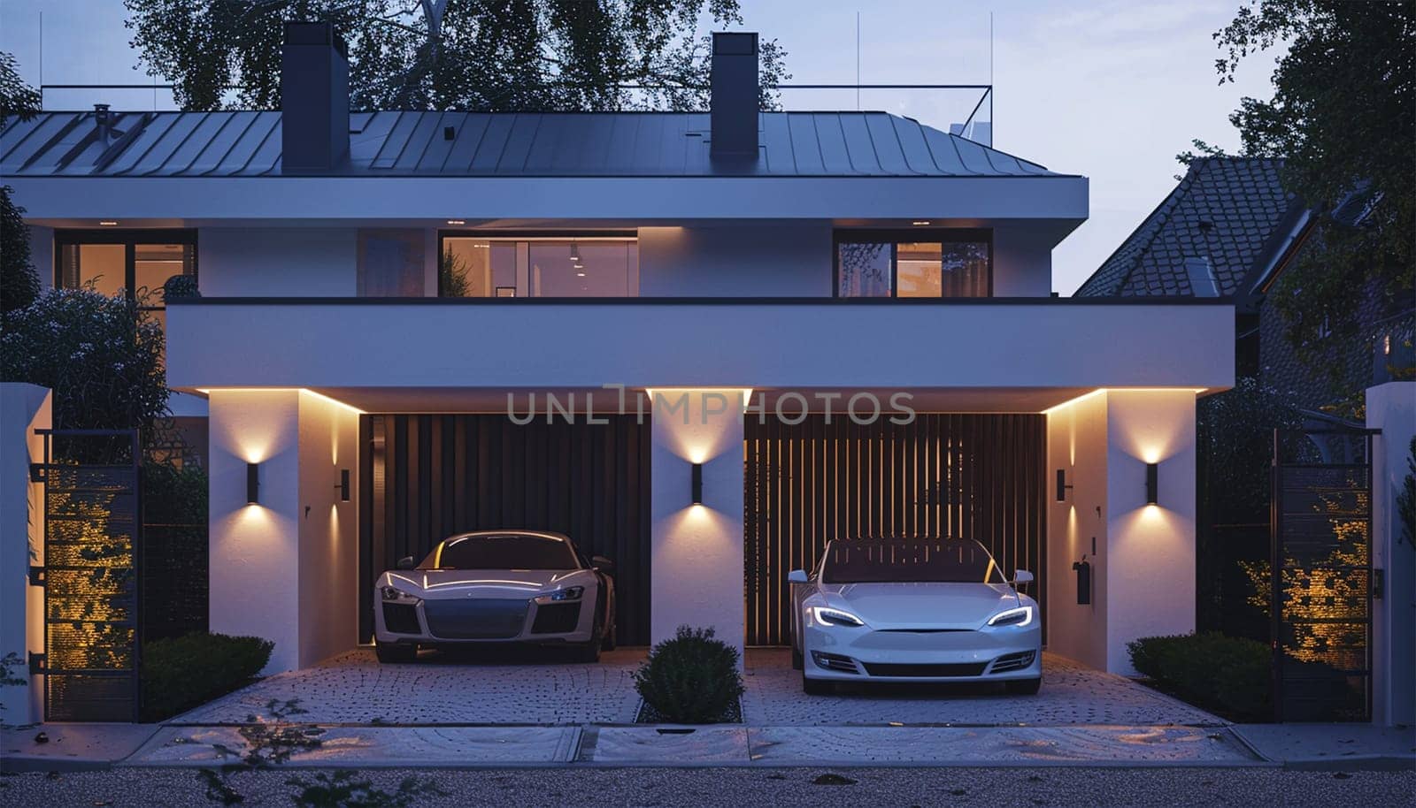 Luxury home architecture front of house. Contemporary Home Exterior with Colorful Sunset. Green Grass, Brick and Stacked Stone, Meticulous Landscaping, Warm and Inviting House. modern design