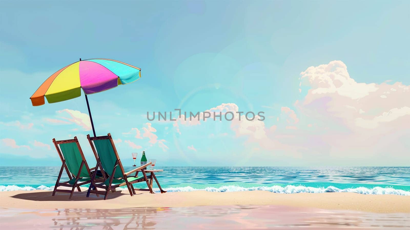 Beautiful beach. Chairs on the sandy beach near the sea. Summer holiday and vacation concept for tourism. Inspirational tropical landscape pastel colors. Parasol