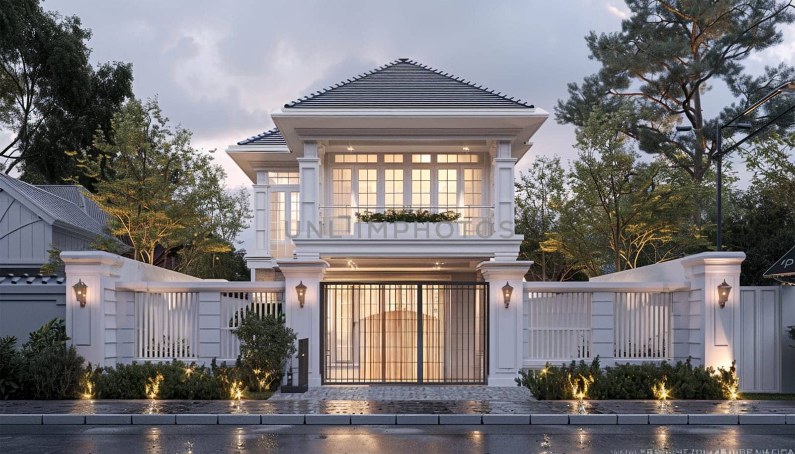 Luxury home architecture front of house. Contemporary Home Exterior with Colorful Sunset. Green Grass, Brick and Stacked Stone, Meticulous Landscaping, Warm and Inviting House. modern design