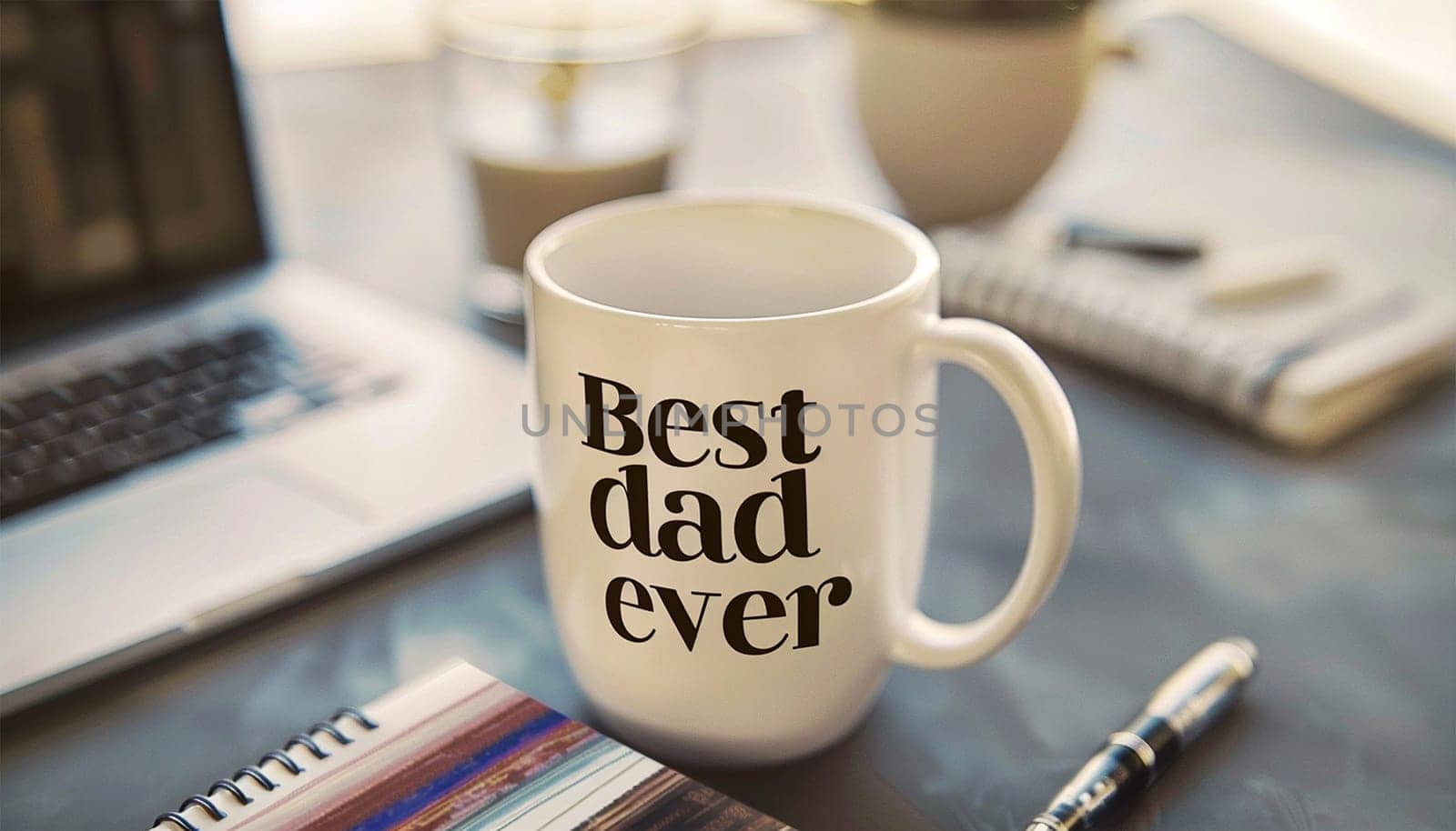 White mug with the text "Best dad ever"" on workplace. Office desk. Father's Day concept, background for congratulating cards with a cup with the inscription Best Father ever, business notebook and pencils. copy space Close up"