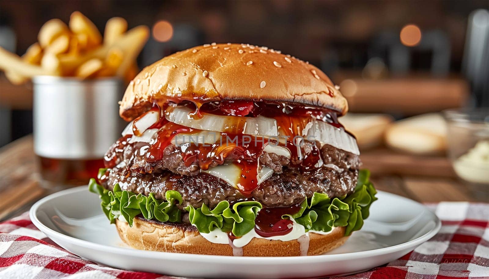 Close up view of Fresh tasty beef burger and French fries on wooden tray with seasoning on rustic table in fast food restaurant. Hamburger with bacon and cheese