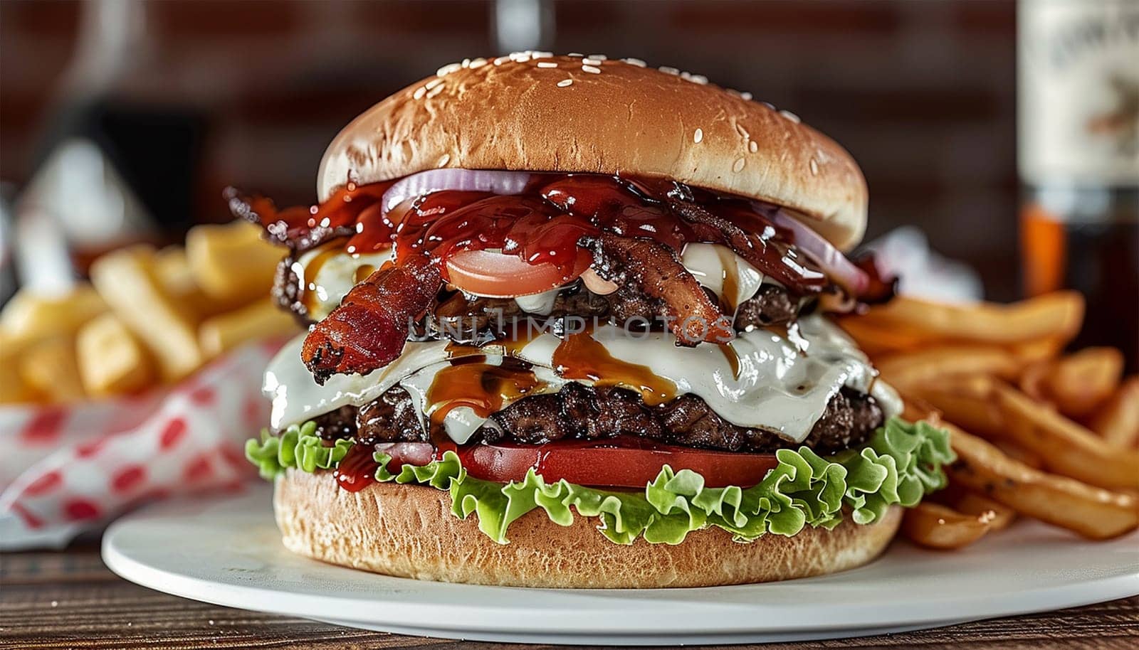 Close up view of Fresh tasty beef burger and French fries on wooden tray with seasoning on rustic table in fast food restaurant. Hamburger with bacon and cheese