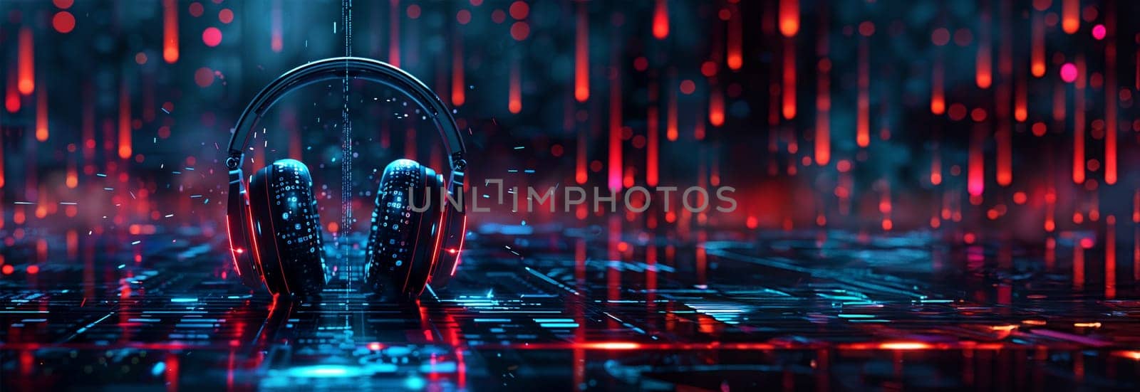 3D music headphone in cyberpunk futuristic background. Neon flickering and glow Wireless headset in blue pink neon effect. Gaming design copy space
