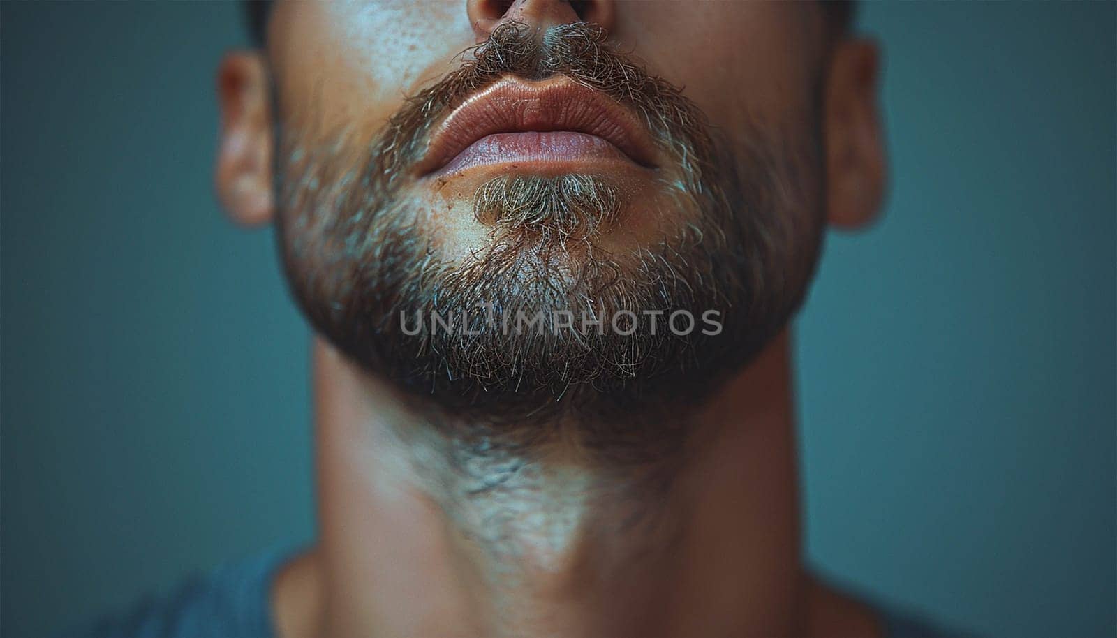 Handsome bearded man's jawline. Close-up of the lower part of a man's face, chin, bristles. Isolated over white background