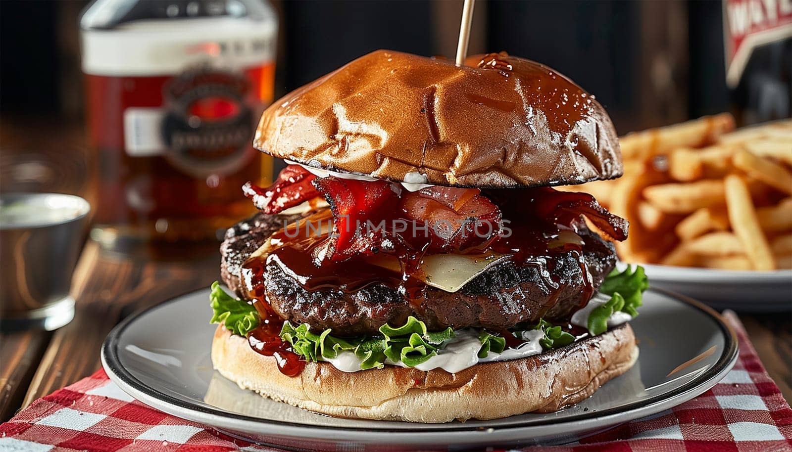 Close up view of Fresh tasty beef burger and French fries on wooden tray with seasoning on rustic table in fast food restaurant. Hamburger with bacon and cheese