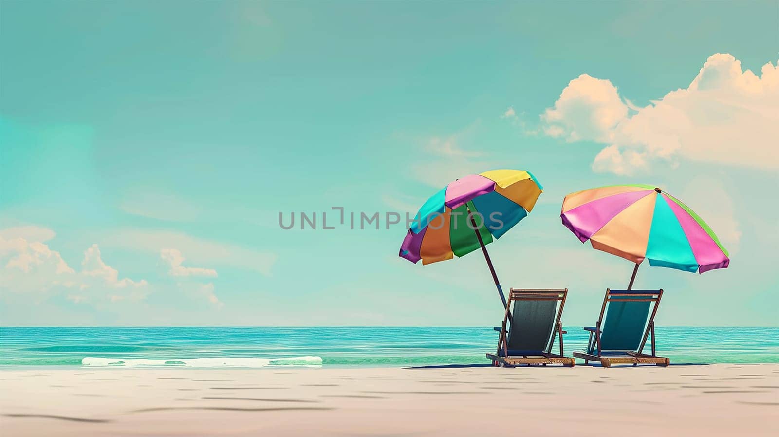 Beautiful beach. Chairs on the sandy beach near the sea. Summer holiday and vacation concept for tourism. Inspirational tropical landscape pastel colors. Parasol