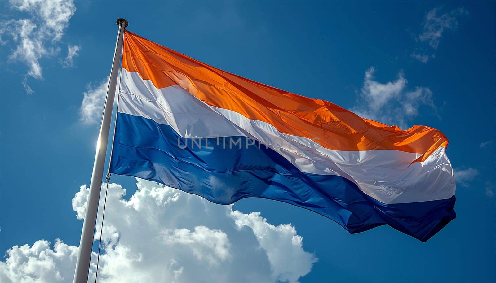 Dutch Flag Seamless Smooth Waving Animation. Wonderful Flag of the Netherlands with Folds. Symbol of the Kingdom of the Netherlands. Flag background. In the blue sky. Holland