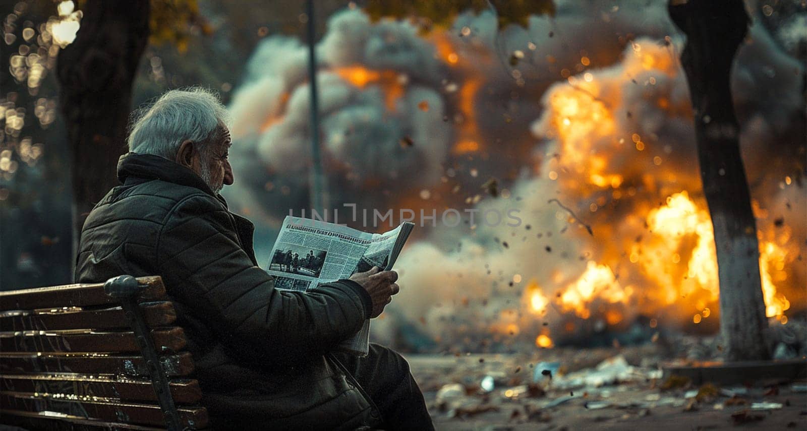 Senior man reading the news paper with a massive fire explosion in military combat and war. Tank in a city in the Middle East. Military Concept. Strength, power, explosion in the city