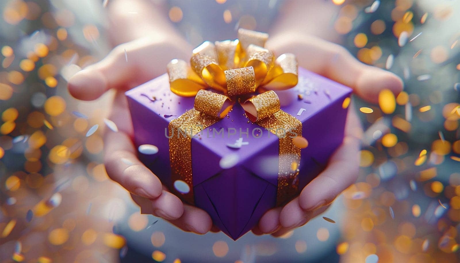 Purple giftbox flying with golden particles. Realistic violet gift box with golden ribbon bow background. Concept of abstract holiday, birthday or wedding present or surprise. Mother's Day. pastel