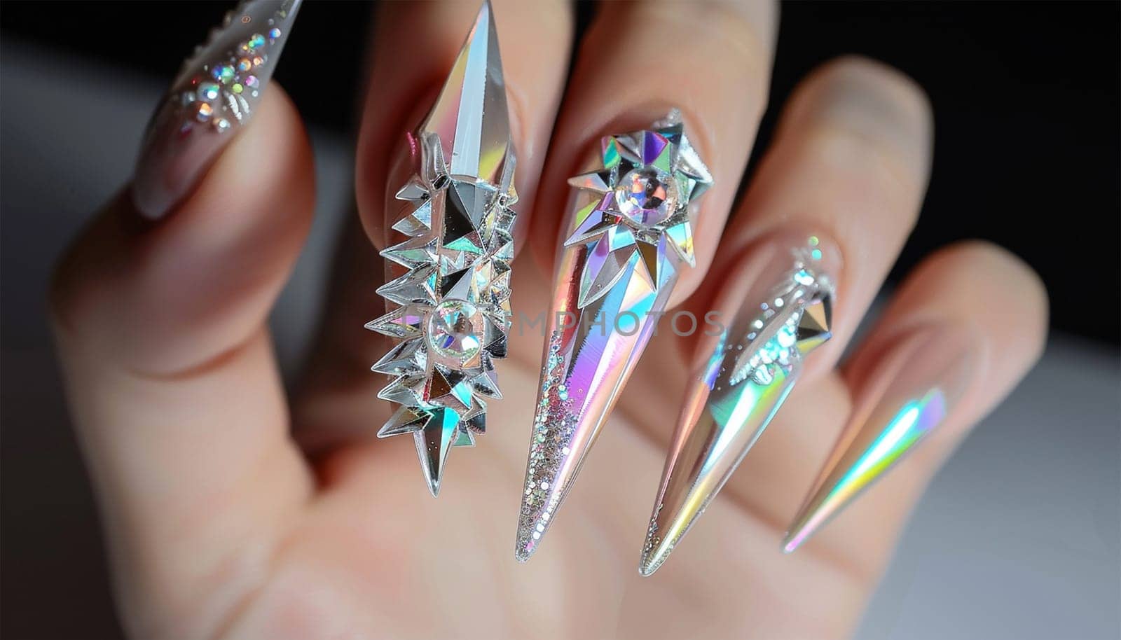Female hand with silver nail design. Glitter silver nail polish manicure. Model hand with perfect manicure hold white lace fabric on white background. Nail art